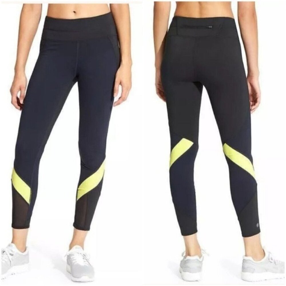Athleta Colorblock Spliced Sonar 7/8 Leggings Black/Navy/Neon Yellow (Size M)